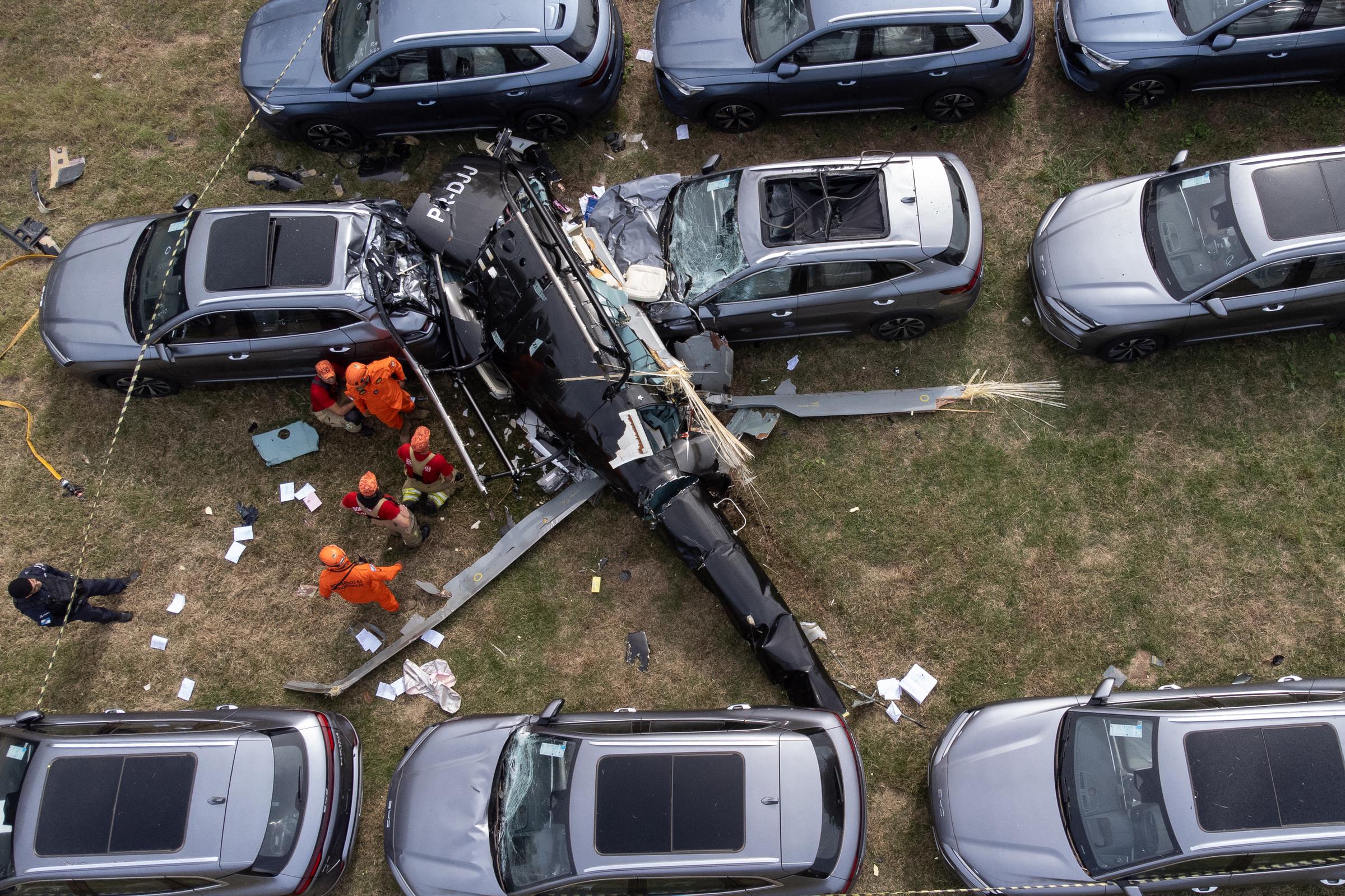 An aerial view shows emergency crews at the crash site in Rio de Janeiro, Brazil, on June 14, 2026. Authorities said six people were killed after two helicopters collided over the city. | Source: Getty Images